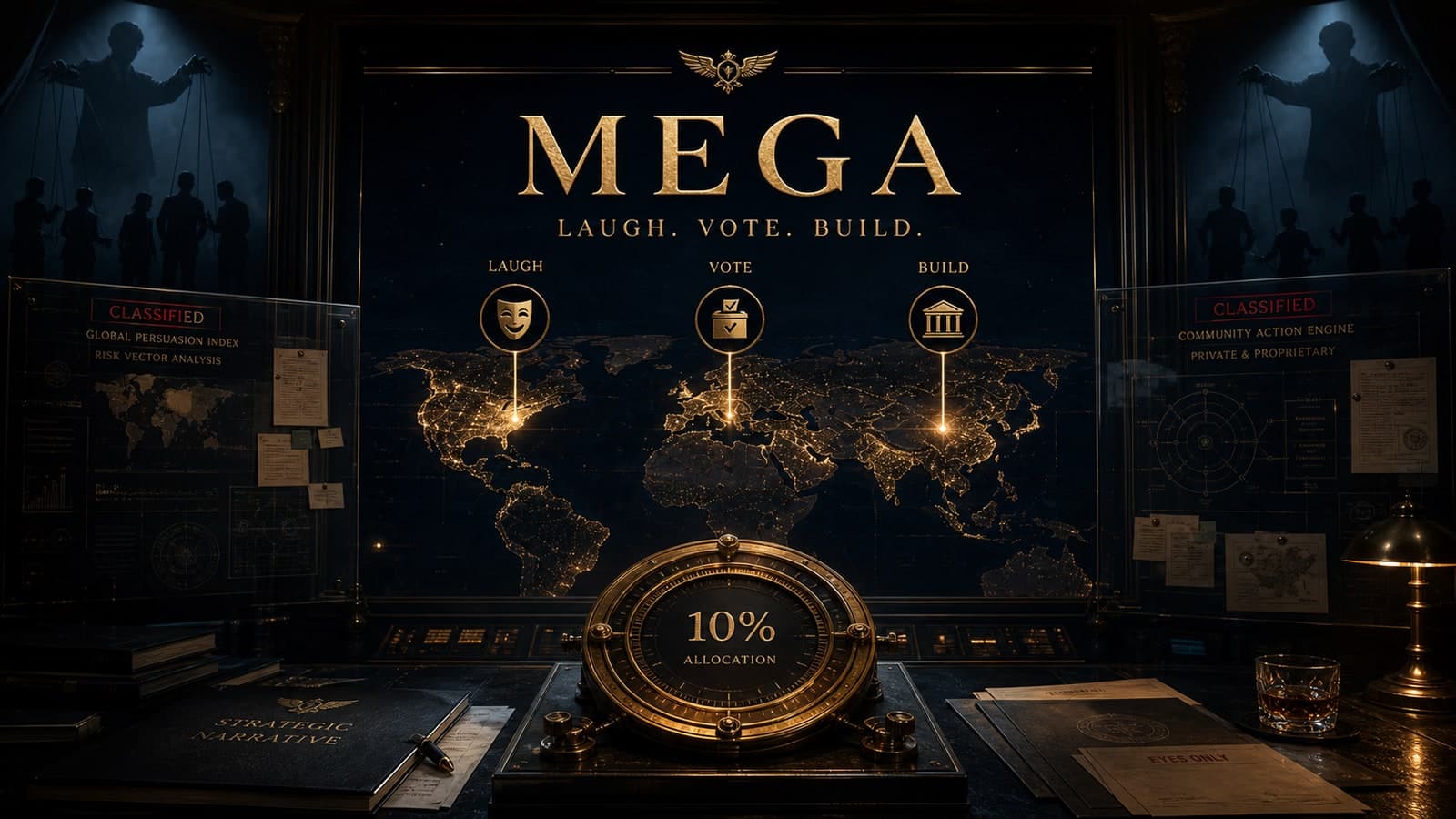 MEGA’s Laugh, Vote, Build world desk, with a 10% allocation seal.