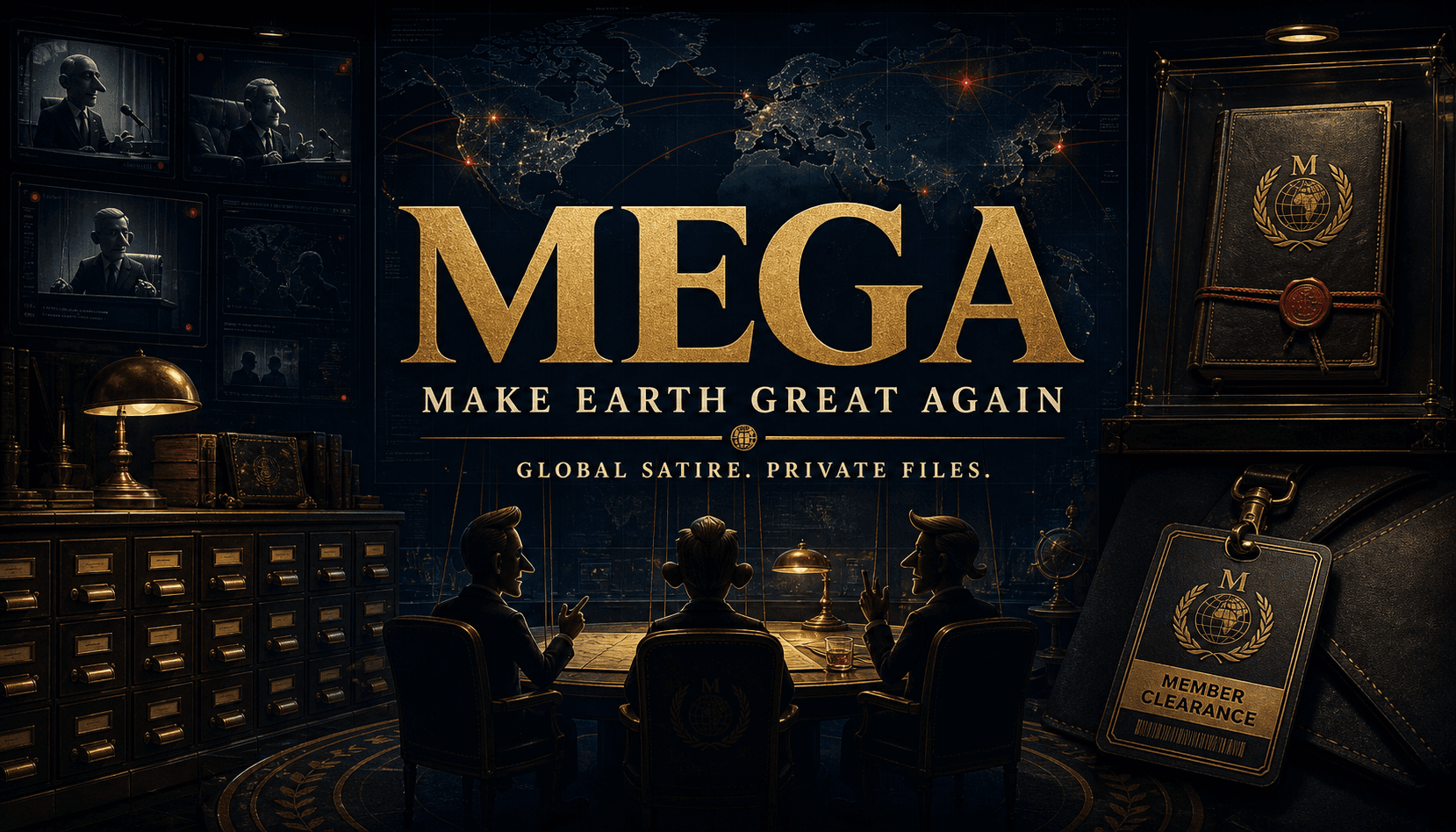 MEGA Briefing Room: puppet leaders around a world desk, surrounded by private files.