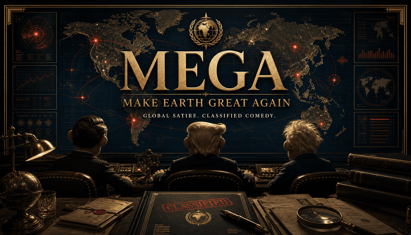 The MEGA classified archive: a world map, puppet leaders and a sealed dossier.