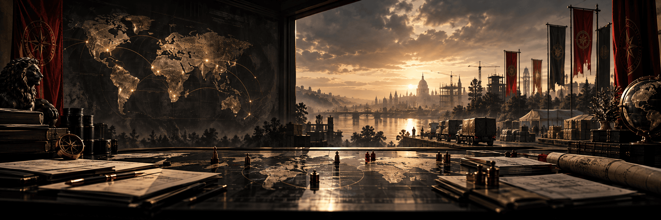 A world planning desk overlooking a city and community projects at sunset.