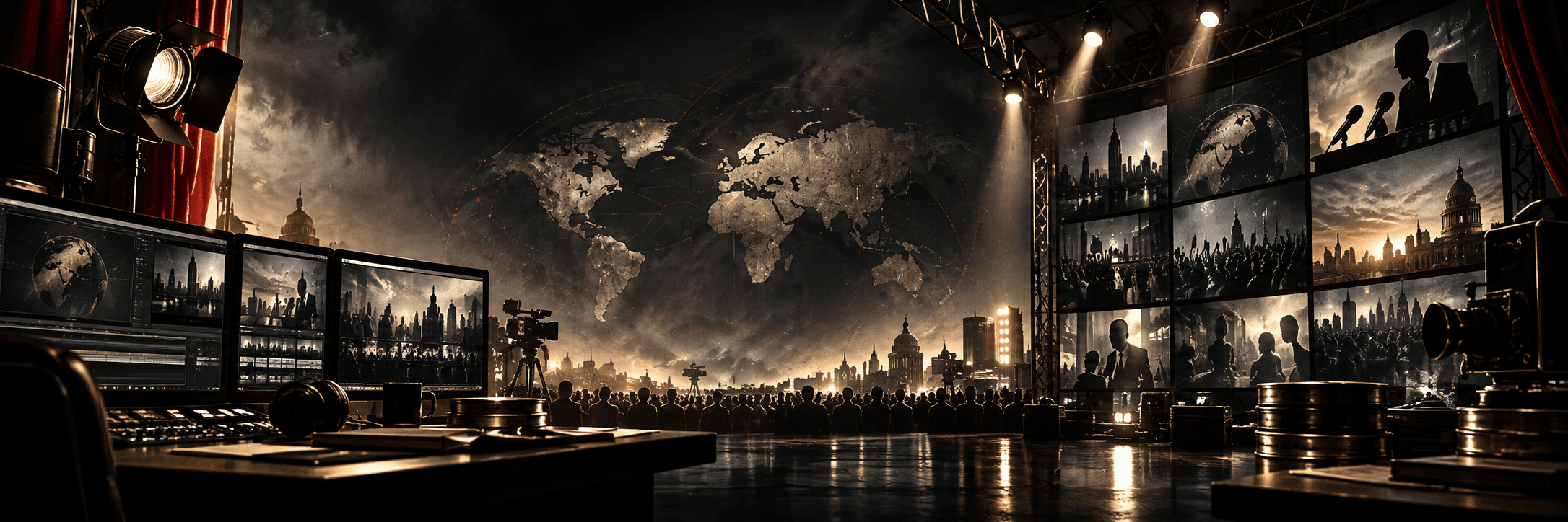 The MEGA film studio, with cameras, editing screens and a world map.